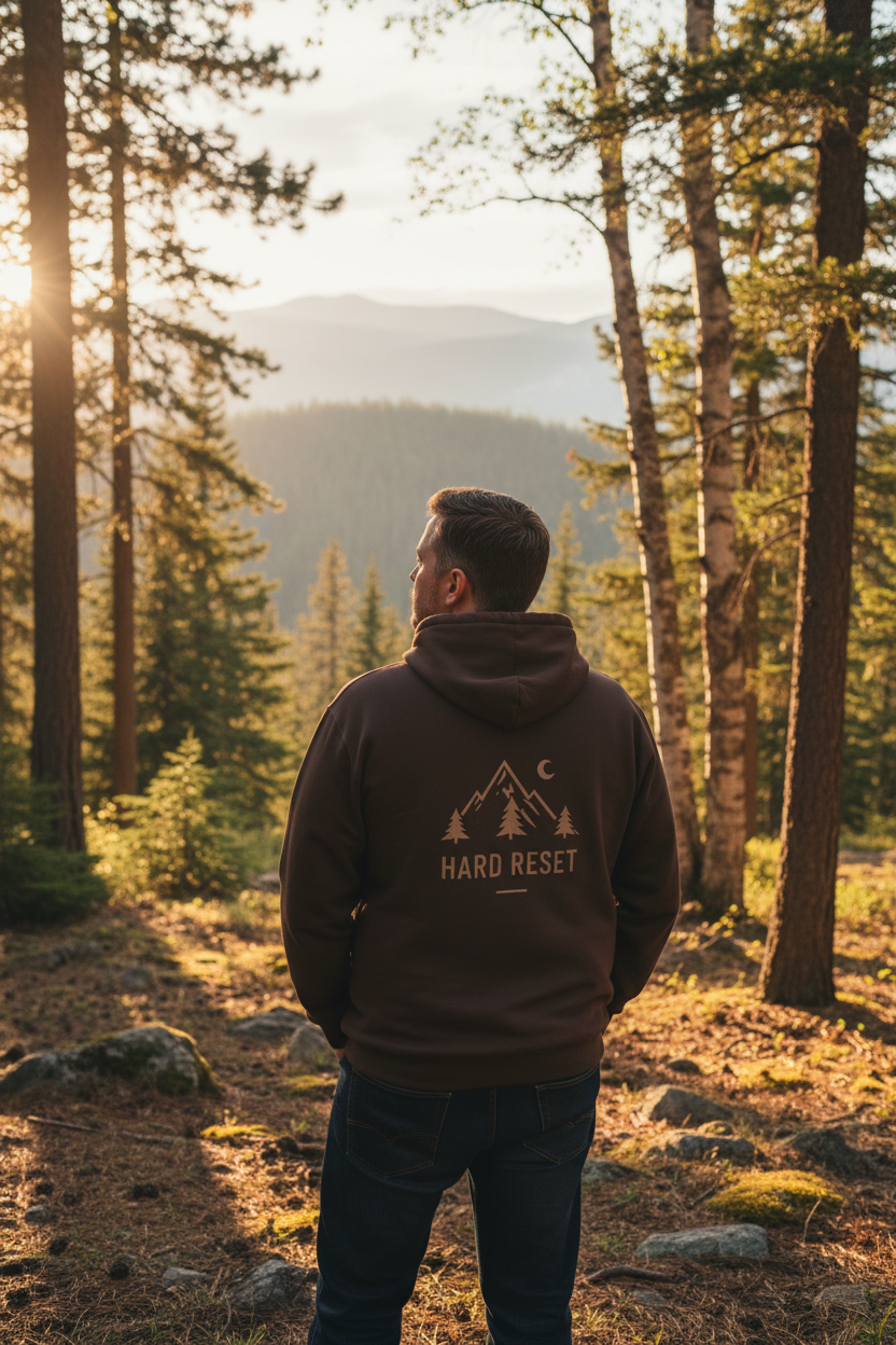 Hard Reset Hoodie — Retro Pine Graphic Hooded Sweatshirt