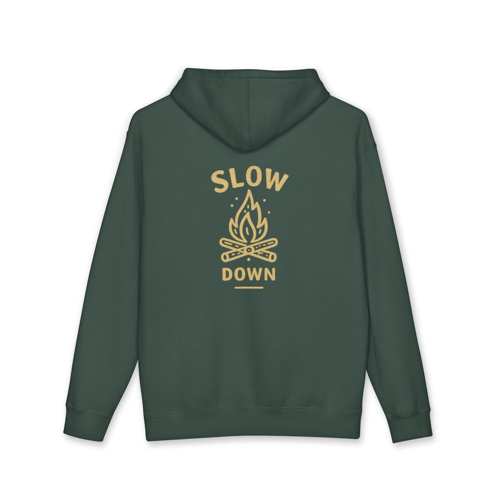 Slow Down Campfire Hoodie — Brown Cozy Outdoor Pullover with 'Rooted Ridge' Chest Logo