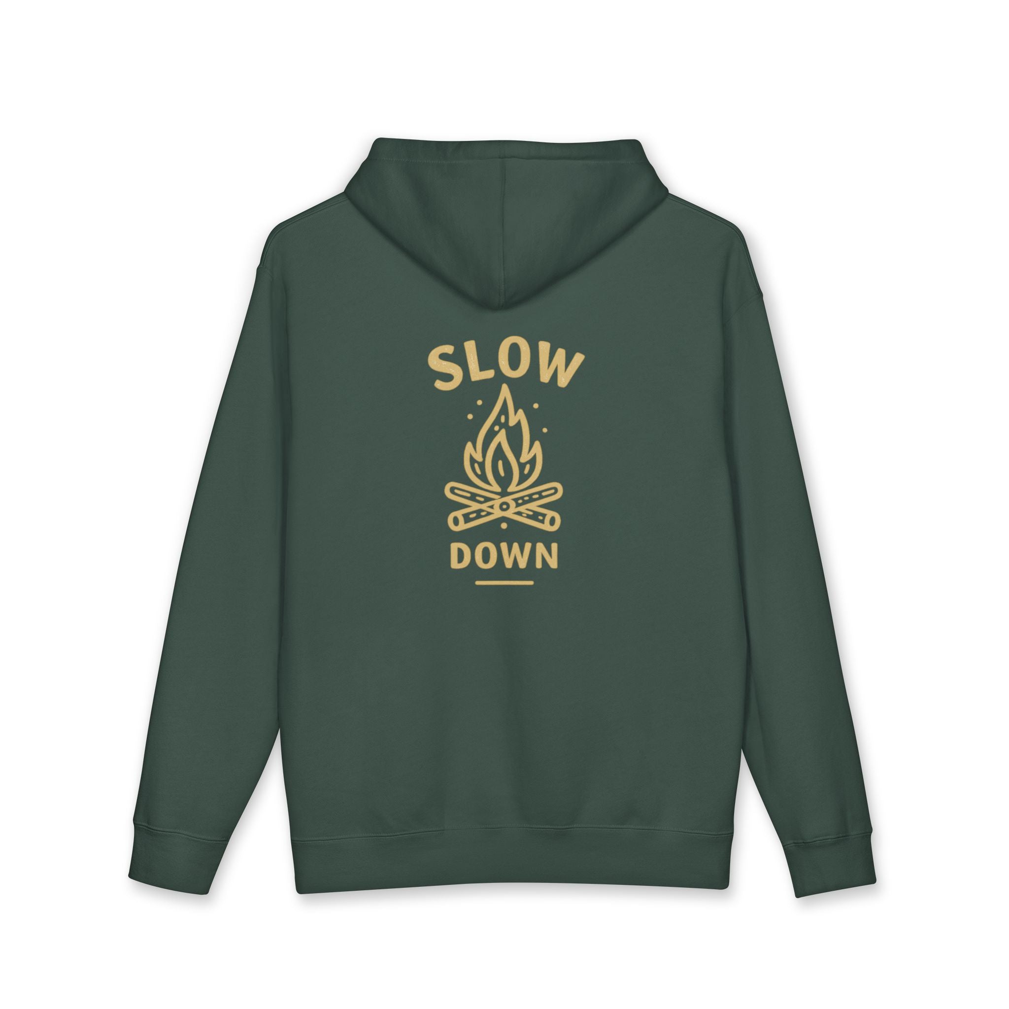 Slow Down Campfire Hoodie — Brown Cozy Outdoor Pullover with 'Rooted Ridge' Chest Logo