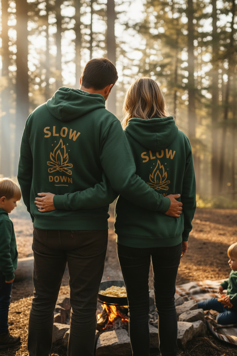 Slow Down Campfire Hoodie — Brown Cozy Outdoor Pullover with 'Rooted Ridge' Chest Logo