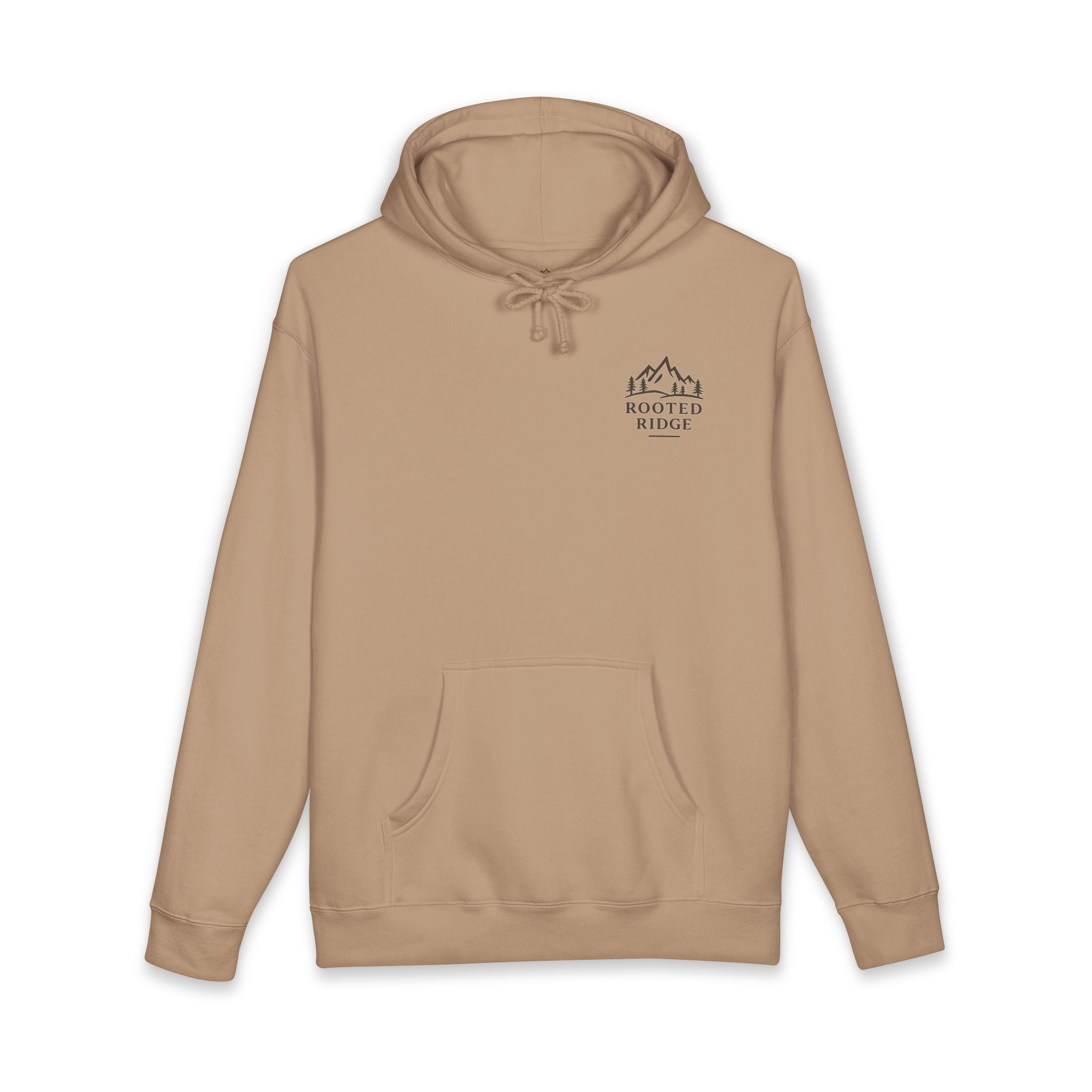 Slow Down Campfire Hoodie — Brown Cozy Outdoor Pullover with 'Rooted Ridge' Chest Logo