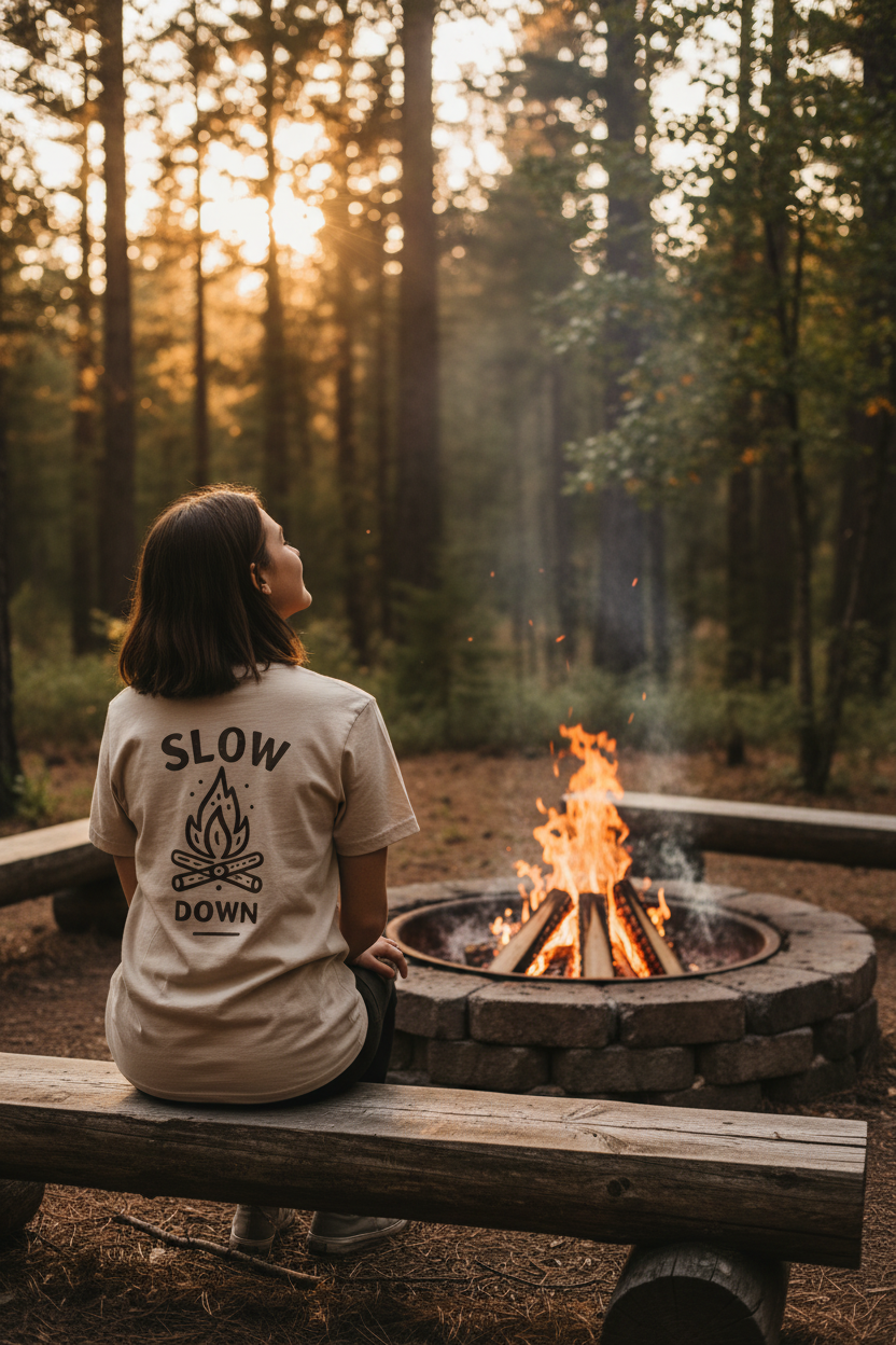 Slow Down Campfire T-Shirt — Relaxed Outdoor Tee with 'Slow Down' Graphic