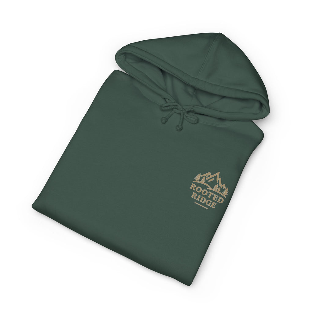 Slow Down Campfire Hoodie — Brown Cozy Outdoor Pullover with 'Rooted Ridge' Chest Logo