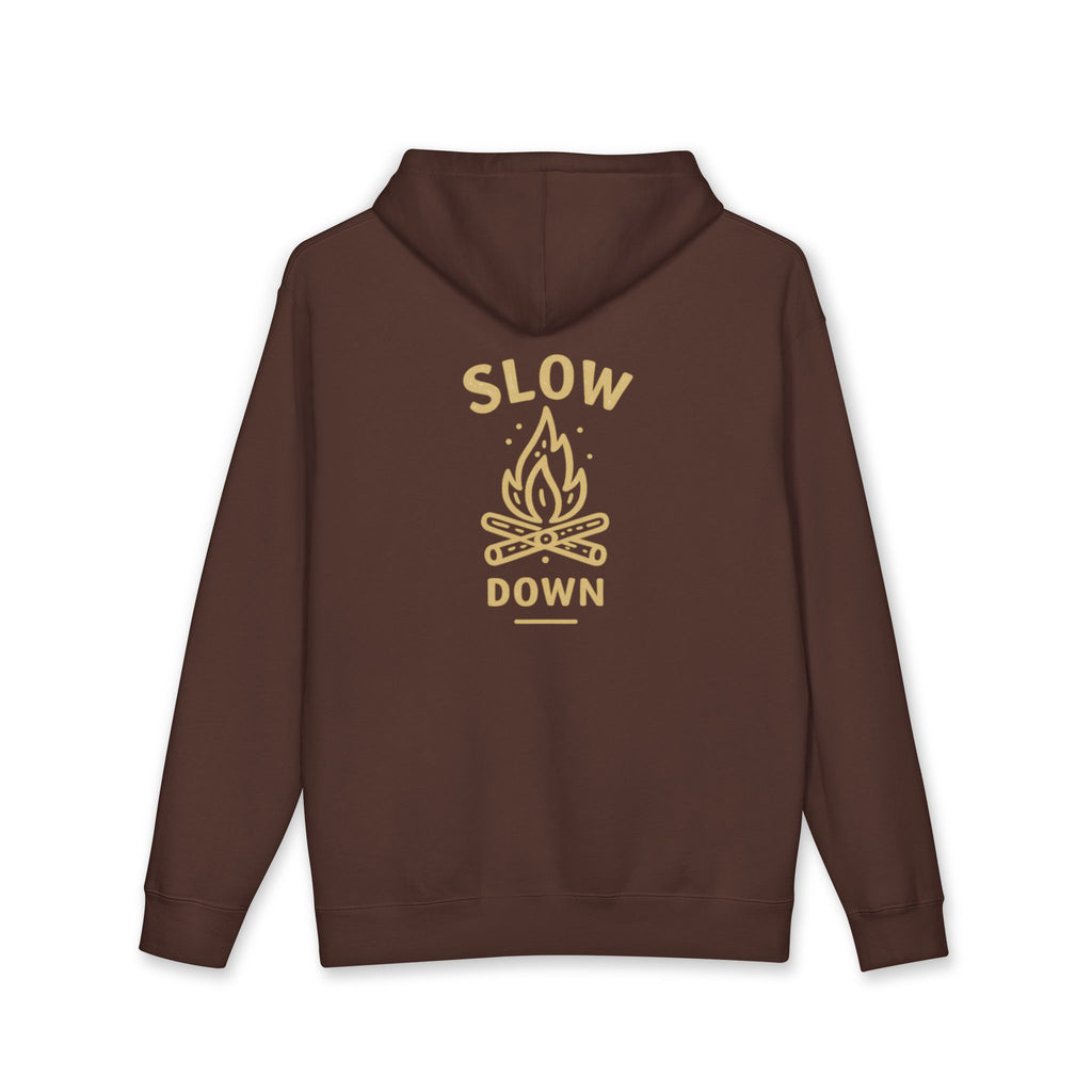 Slow Down Campfire Hoodie — Brown Cozy Outdoor Pullover with 'Rooted Ridge' Chest Logo
