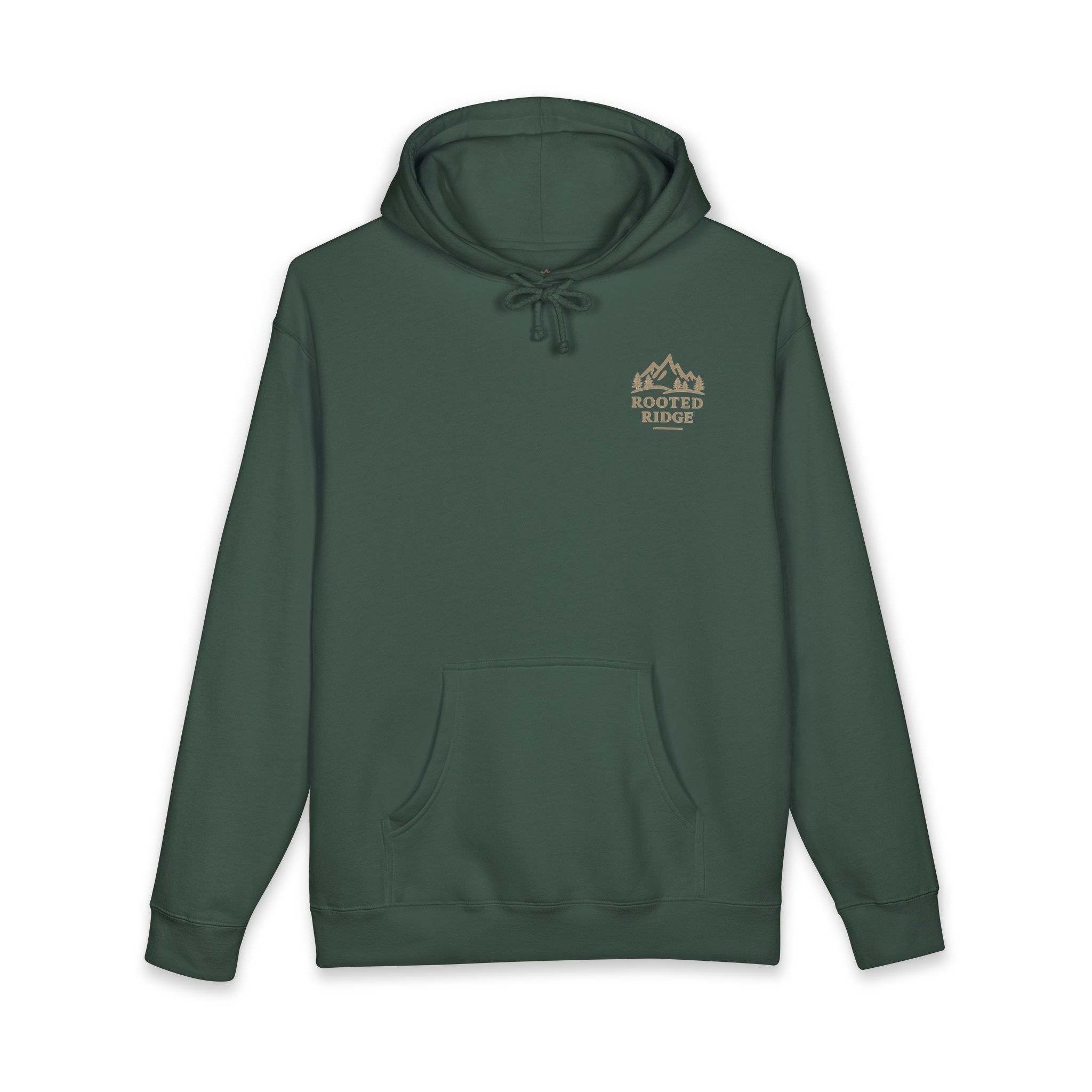 Slow Down Campfire Hoodie — Brown Cozy Outdoor Pullover with 'Rooted Ridge' Chest Logo